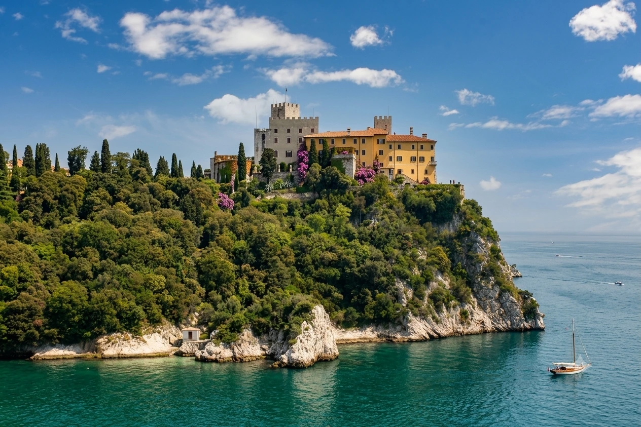 View of the Duino castle on a mound surrounded by green trees