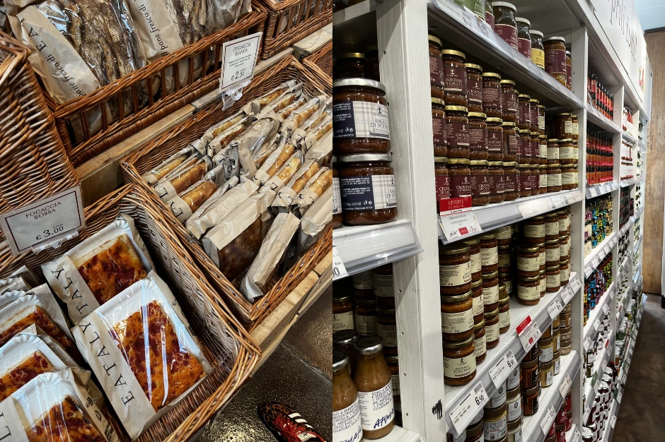 bread section and condiment section at eataly store in trieste