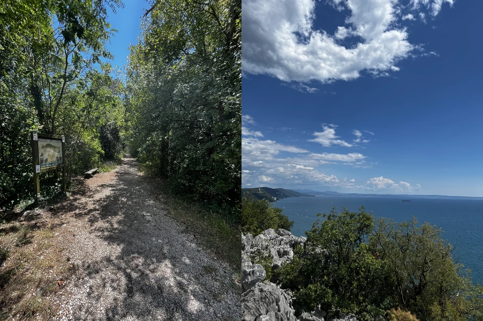 the gravel path on the rilke train and the view of the sea from the trail