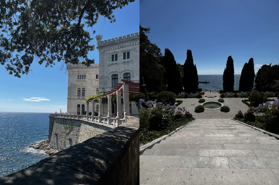 view of miramare castle by the sea and steps leading to the castle gardens by the beach