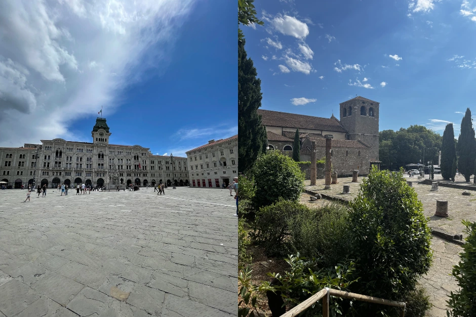 The square of italian unity in trieste with buildings all around and view of the castle of san giusto in trieste