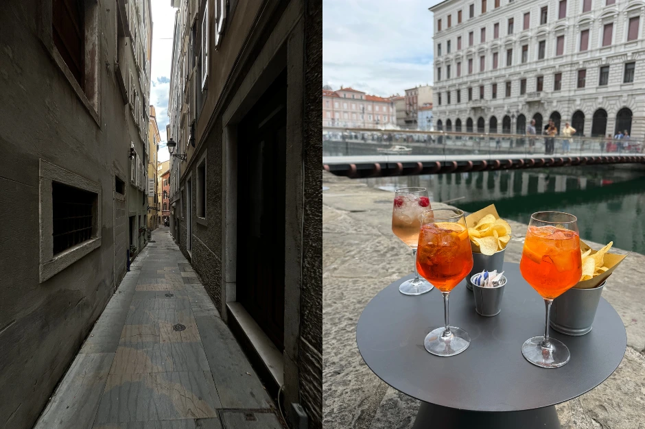 a narrow stone street with old buildings and a drink by the canal in trieste