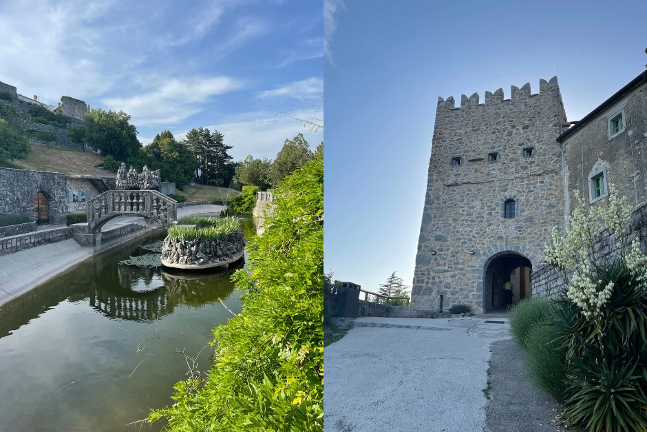 ferrari garden with the fountain, bridge, pond and plants and a look at a path leading to štanjel castle