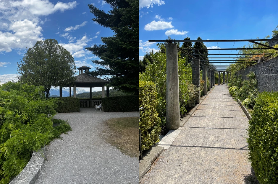 Gravel path and pavillion with benches at the ferrari garden in štanjel