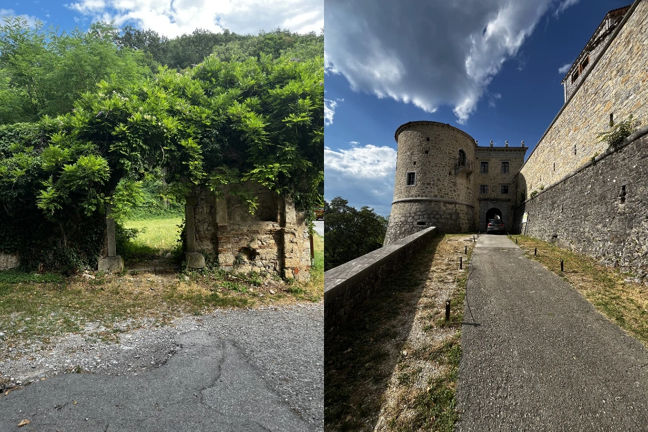 Road to rihemberk castle and some castle walls overgrown with greenery