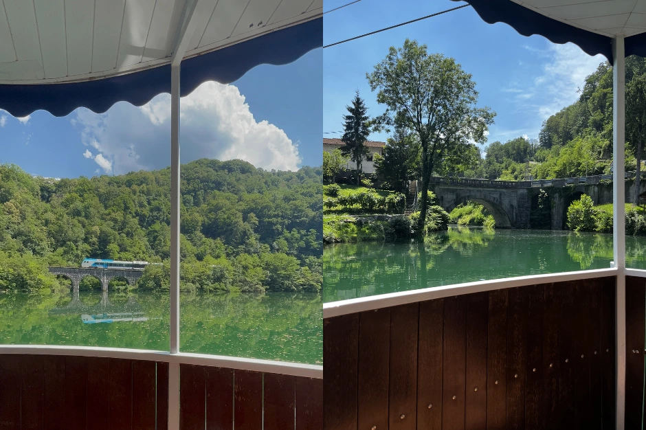 Views from the lake of nature, railway and bridge in Most na Soči