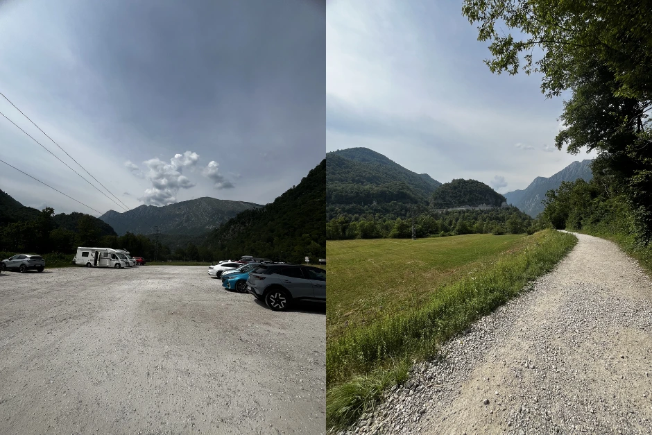 Gravel parking and gravel walking path surrouned by nature leading to Kozjak Waterfall
