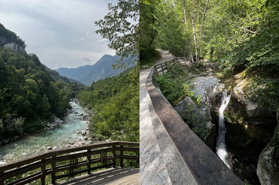 View of soca river and nature from wooden viewing platform and views of nature from the marked walking path