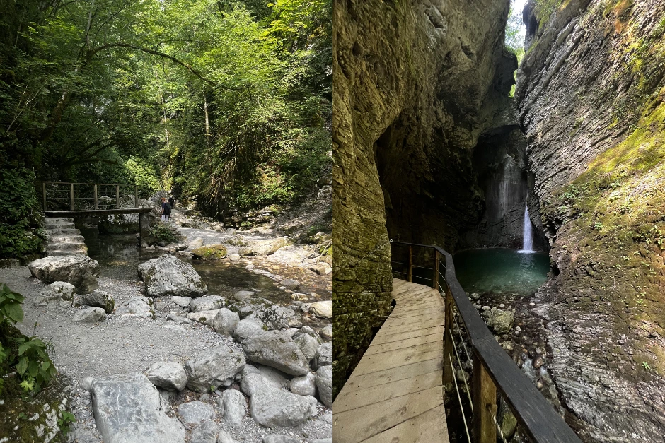 Bridge with rocks around and wooden walking path around river with the view of Kozjak waterfall