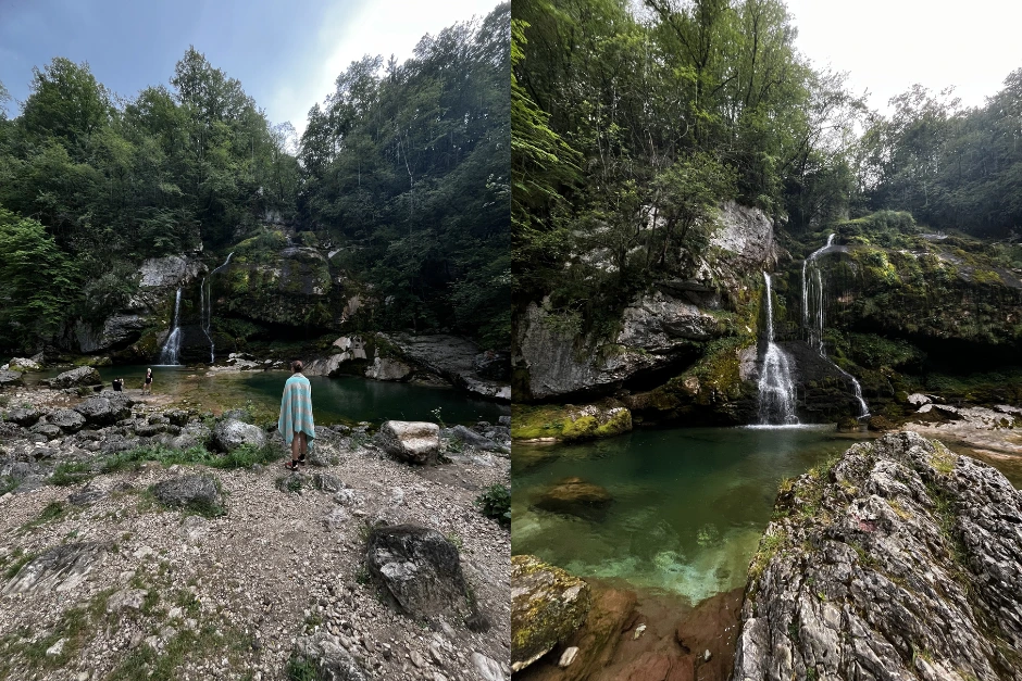 Virje waterfall surrounded by trees and people enjoing the view