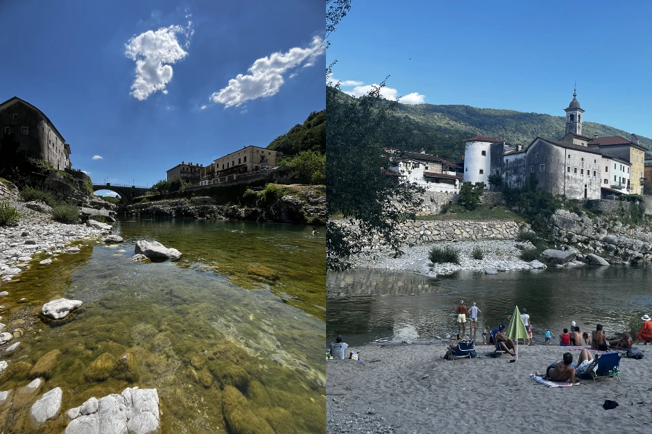 View from two city Beaches in Kanal ob Soči, one with pebbles and one with sand