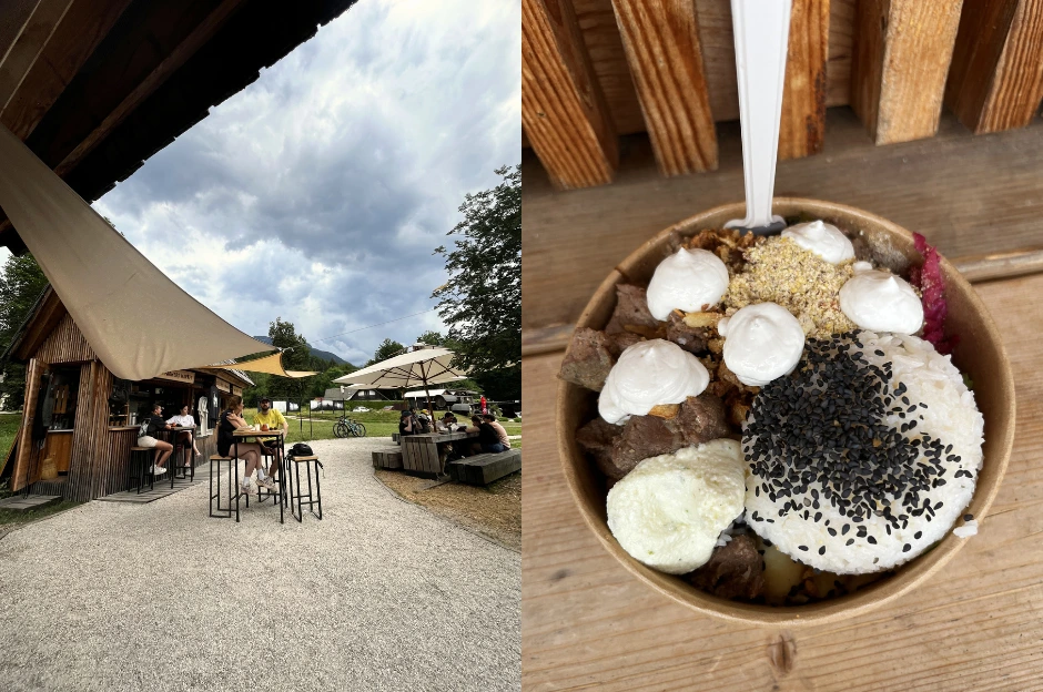 Divja Jaga hut with people sitting around it and meat bowl from the hut