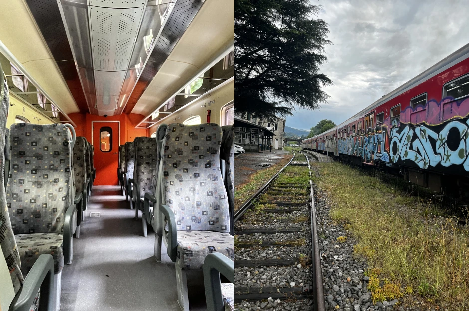 Seats and isle on a train to Bohinjska Bistrica and the Kanal ob Soči train station with the train approaching