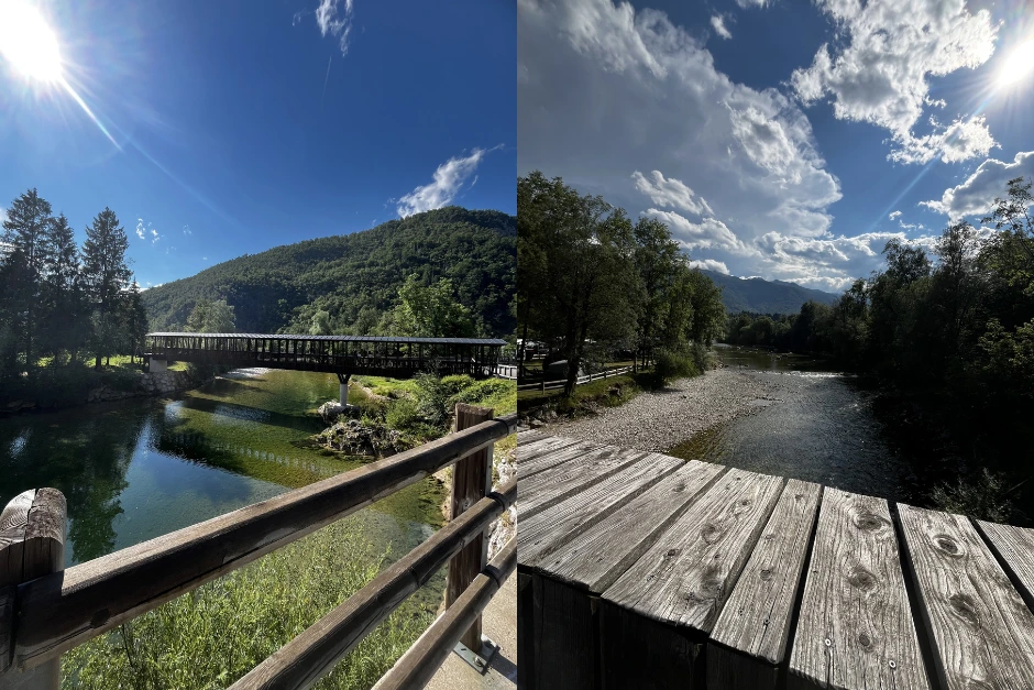 Wooden bridge over a river by Lake Bohinj bike path