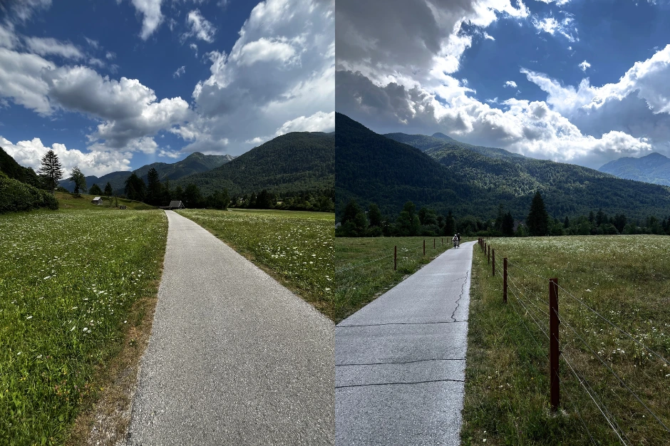 Asphalt bike path surrounded by meadows and pastures leading to Lake Bohinj