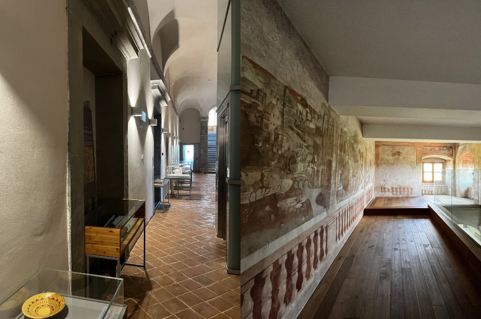 View of two rooms with the museum collection in Villa Vipolže and wall with a fresco painting