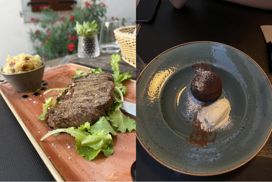 On the left is Angus steak with roasted potatoes and on the right is chocolate soufflé with vanilla mousse at hiša Marica