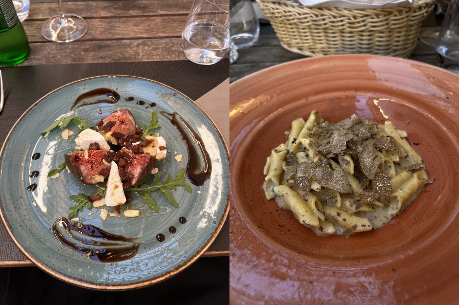 Figs with goat cheese, prosciutto, and almonds on the left and on the right fuži pasta with truffles at Hiša Marica
