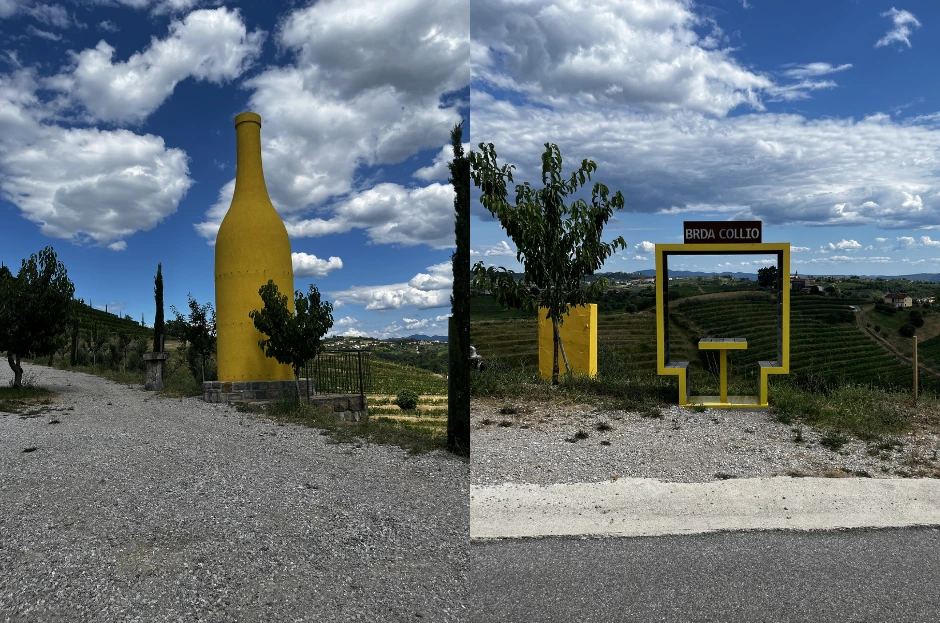 big yellow wine bottle surrounded by vines and a yellow photo window with a sign brda collio