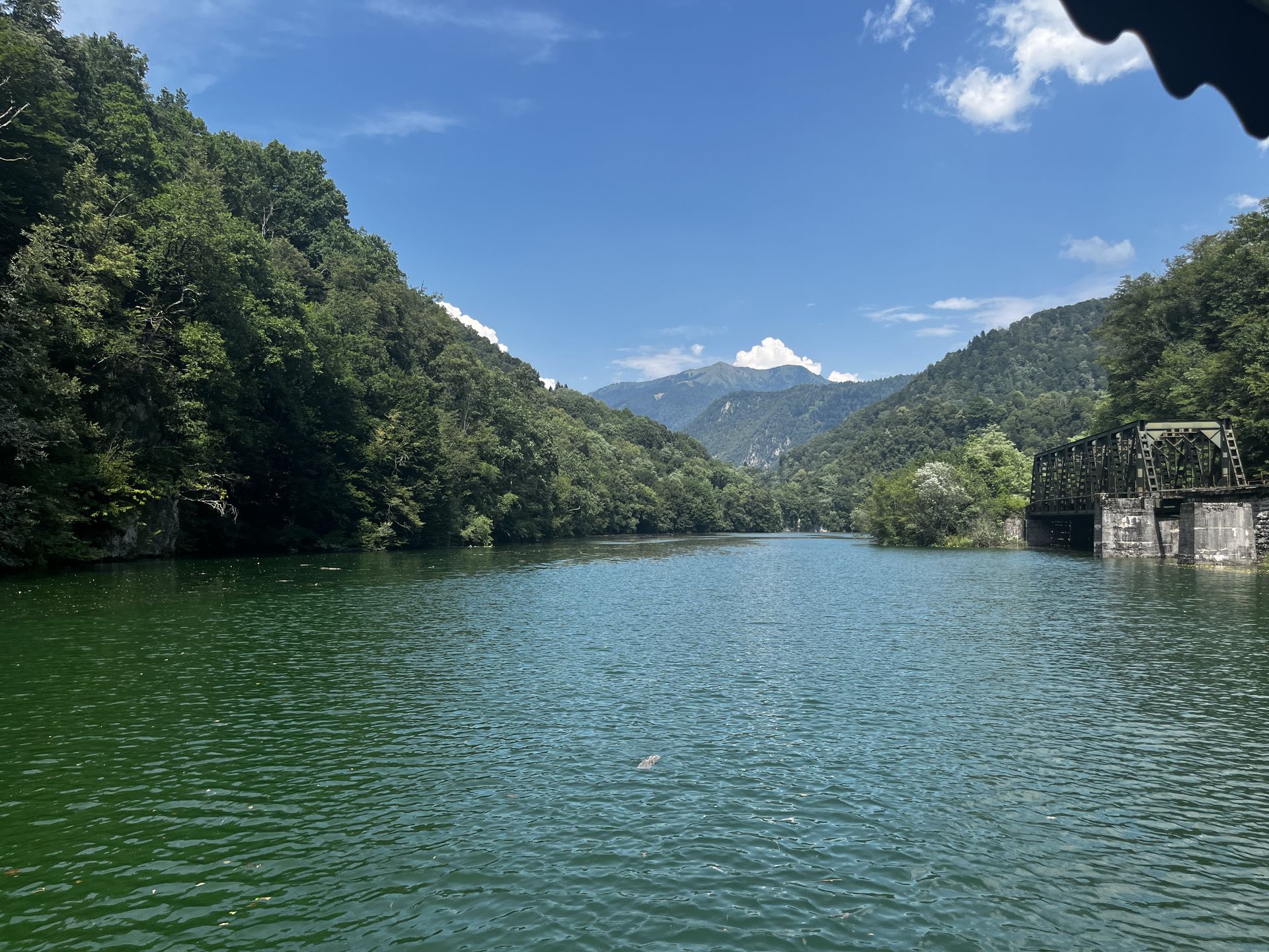View of the lake at Most na Soči surrounded by trees
